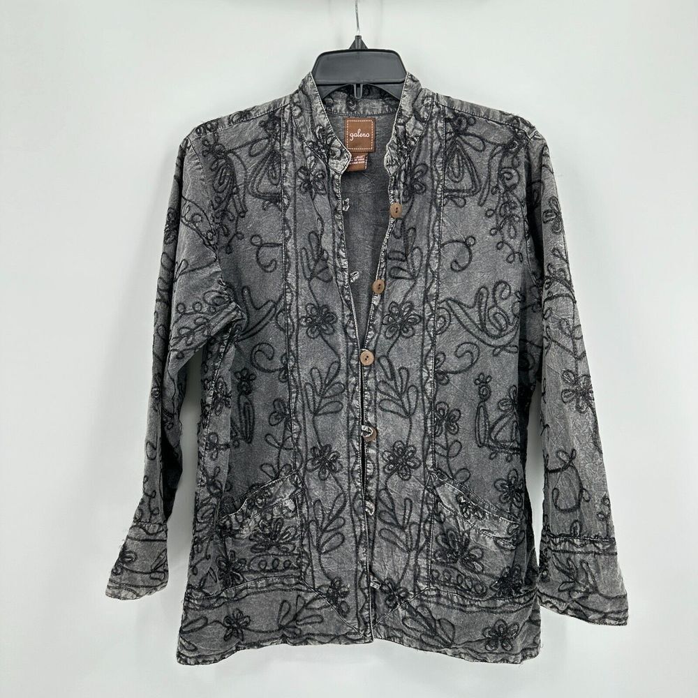 Vintage Galeno Blazer Women Small Black Embroidered Floral Boho Y2K Homesteading